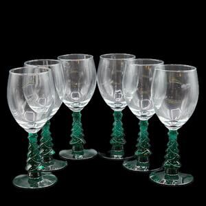 Libbey Green Christmas Tree Stem Wine Glasses Vintage Holiday Set